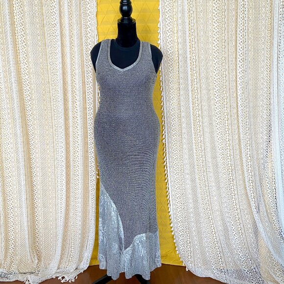 VTG 90s Damianou Silver Mesh/Lace Sexy Party Prom Evening Gown 2-Piece - Picture 4 of 17